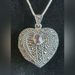 Vintage Amethyst Sterling Silver and Marcasite Heart Locket Pendant and Chain